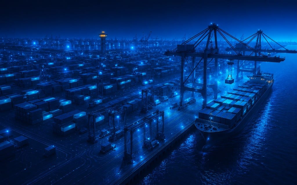 Cinematic 3D render of a container port at night with glowing blue lights and gantry cranes — Asyad Ports